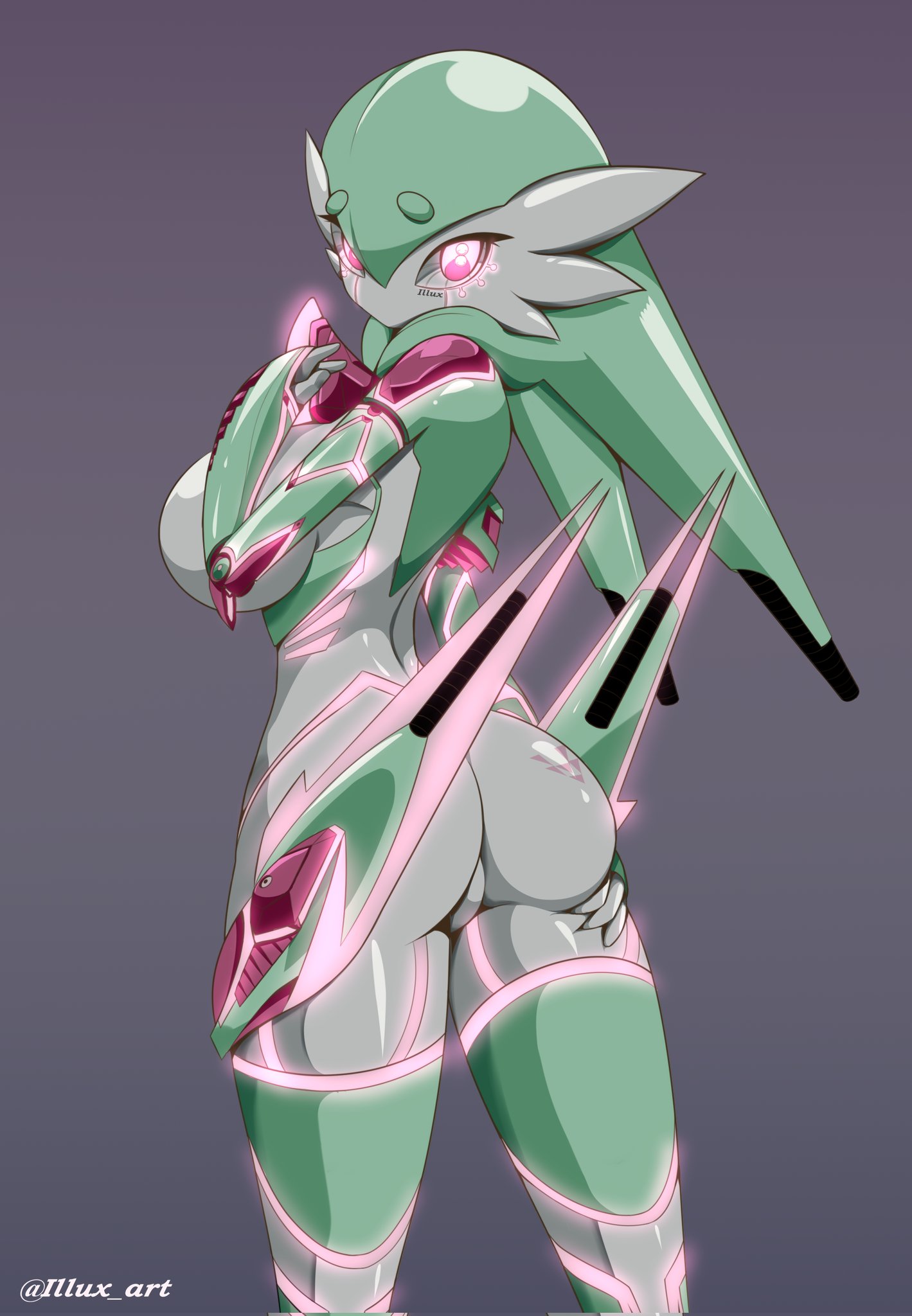 ass, ass grab, ass spread, behind view, fan character, female, fusion, gardevoir, illux, mechanical, metal, neon, neon lights, pokémon (species), pokemon, pokemon (species), robot, robot gardevoir, robot girl, stare, teasing