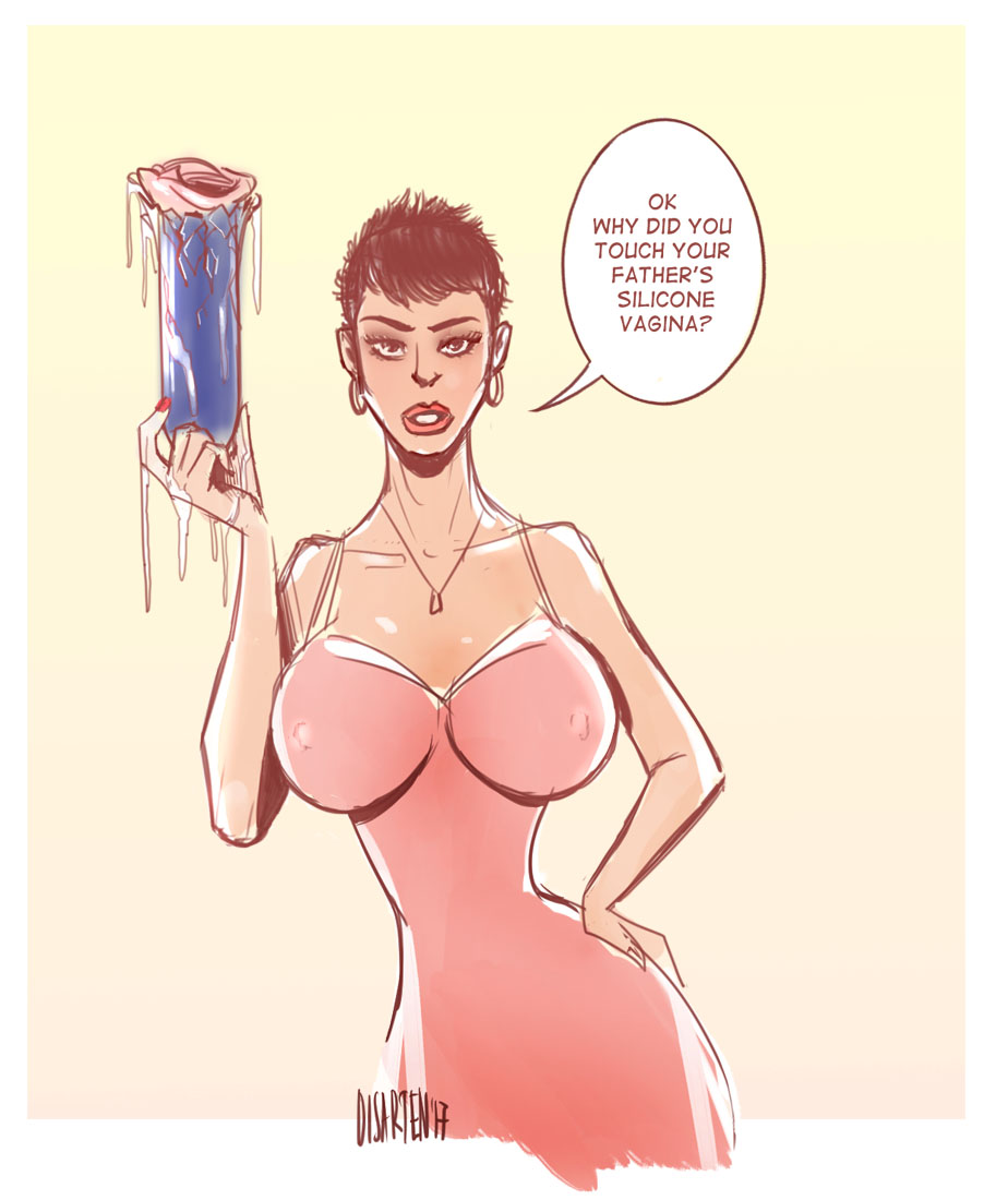 1girls, black hair, breasts, colored, cum, cum drip, cum dripping, cum in hand, disarten, dress, english text, female, female only, hourglass figure, looking at viewer, margarita (disarten), mother, mother and son, nipple bulge, round breasts, sex toy, short hair, speech bubble, tagme, text