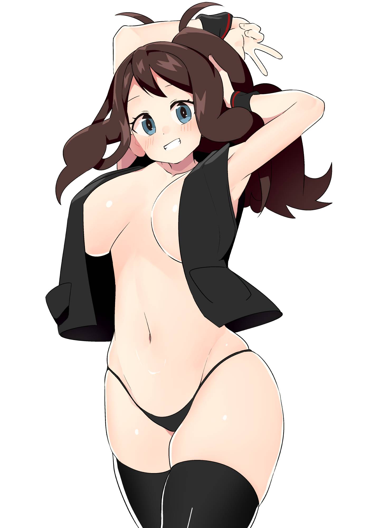 1girls alternate_breast_size armpits arms_behind_head big_breasts blue_eyes blush boobs breasts brown_hair busty covering creatures_(company) female female_only game_freak grin highres hilda_(pokemon) large_breasts legs looking_at_viewer navel nintendo no_bra pokemon pokemon_(game) pokemon_bw ponytail pose sensual smile solo thick_thighs thighhighs thighs thong tits tottotonero v voluptuous