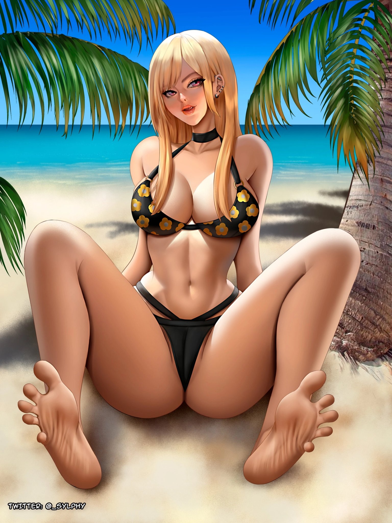  sylphy, 1girls, barefoot, beach, bikini, blonde, blonde hair, blonde-haired female, cameltoe, ear piercings, feet, female, foot fetish, full body, gyaru, kitagawa marin, licking lips, light skin, light-skinned female, looking at viewer, pink eyes, presenting feet, pussy, sitting, soles, sono bisque doll wa koi wo suru, spread legs, spread toes, toes, twitter username, two piece swimsuit