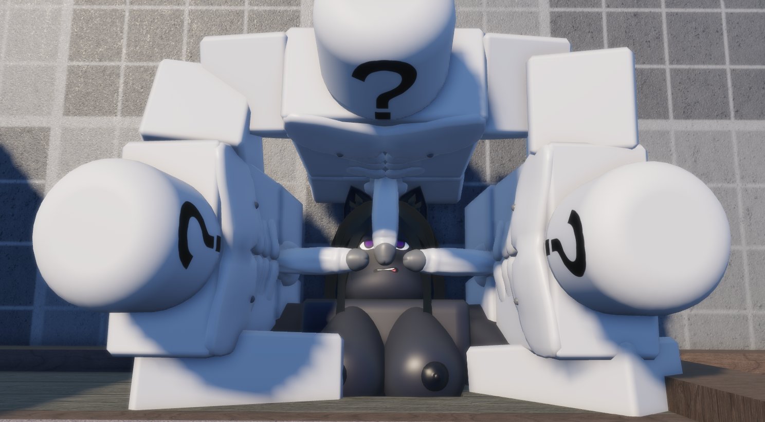 1girls, 3boys, 3d, aelita (deepwoken), anon, baseplate, black hair, breasts, cat ears, cock, deepwoken, felinor (deepwoken), female, gheps, imminent gangbang, imminent rape, imminent sex, male, multiple boys, multiple males, nervous, nude, penis, roblox, roblox game, robloxian, stuck, stuck in wall, through wall, visionshaper (deepwoken)