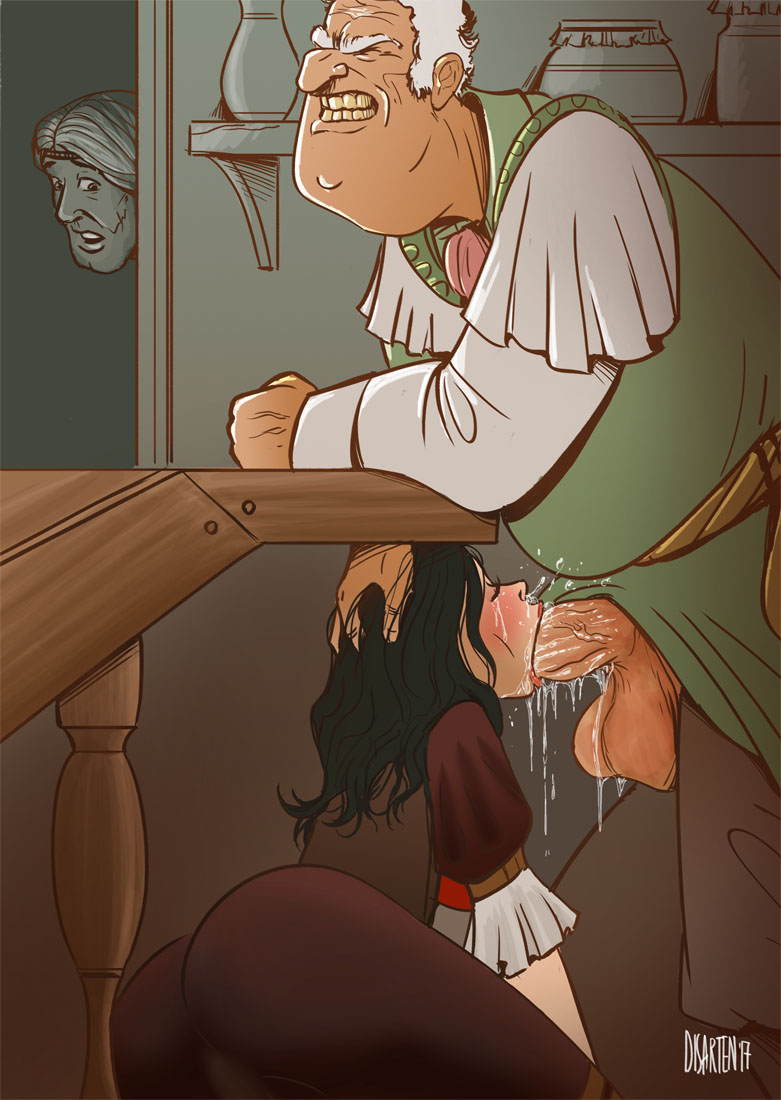 colored, cum, deepthroat, disarten, erect penis, fellatio, female, forced oral, head grab, male, old male, older male, penis, tagme, tears, under the table