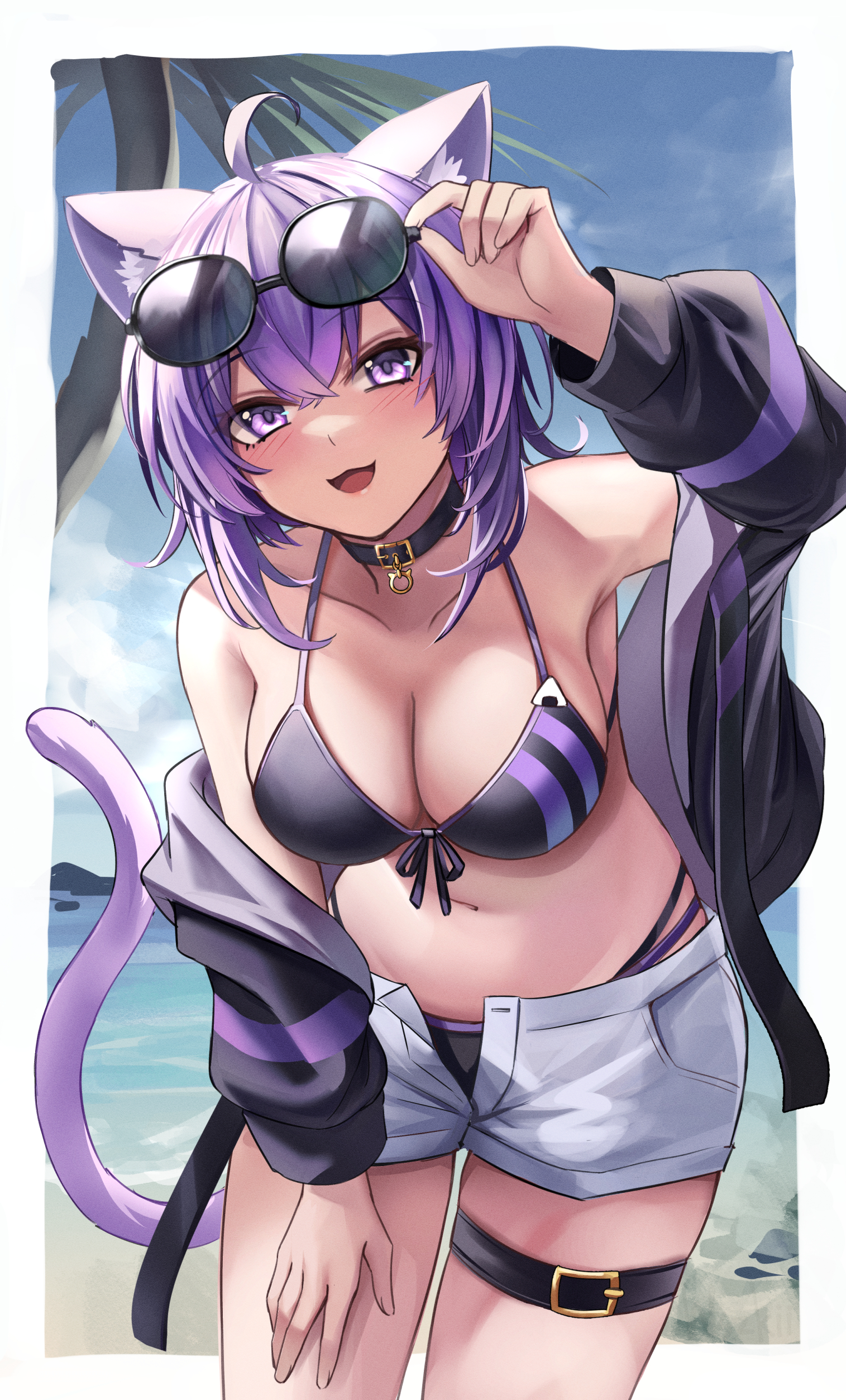 bikini, female, hololive, hololive gamers, hololive japan, nekomata okayu, unbuttoned shorts, unzipped jacket, virtual youtuber, wszkii