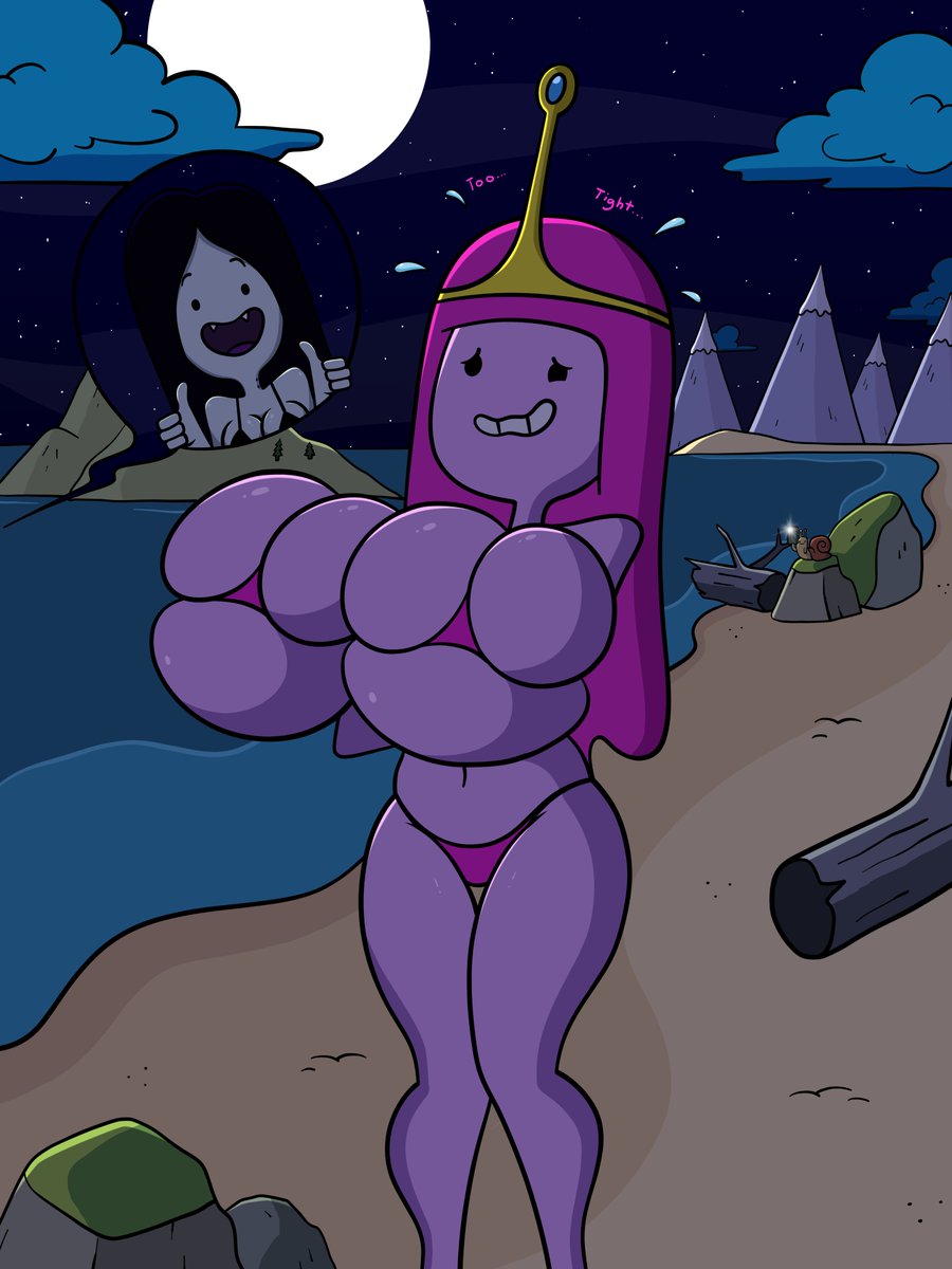 1ambiguous 2020s 2021 2girls 4_fingers adventure_time alternate_breast_size approval beach belly belly_button big_breasts bikini breast_expansion breasts breasts_bigger_than_head canon_couple cloud color dialogue english english_text fangs feet_out_of_frame female female_only full_moon ghostlydoodles huge_breasts long_hair marceline micro_bikini night night_sky outdoors pink_bikini pink_hair pink_skin princess_bubblegum shiny shiny_breasts shiny_skin skindentation smile snail snail_(adventure_time) spookyryder star_(sky) sweatdrop teenage_girl_and_younger_boy text thigh_gap thumbs_up woozy