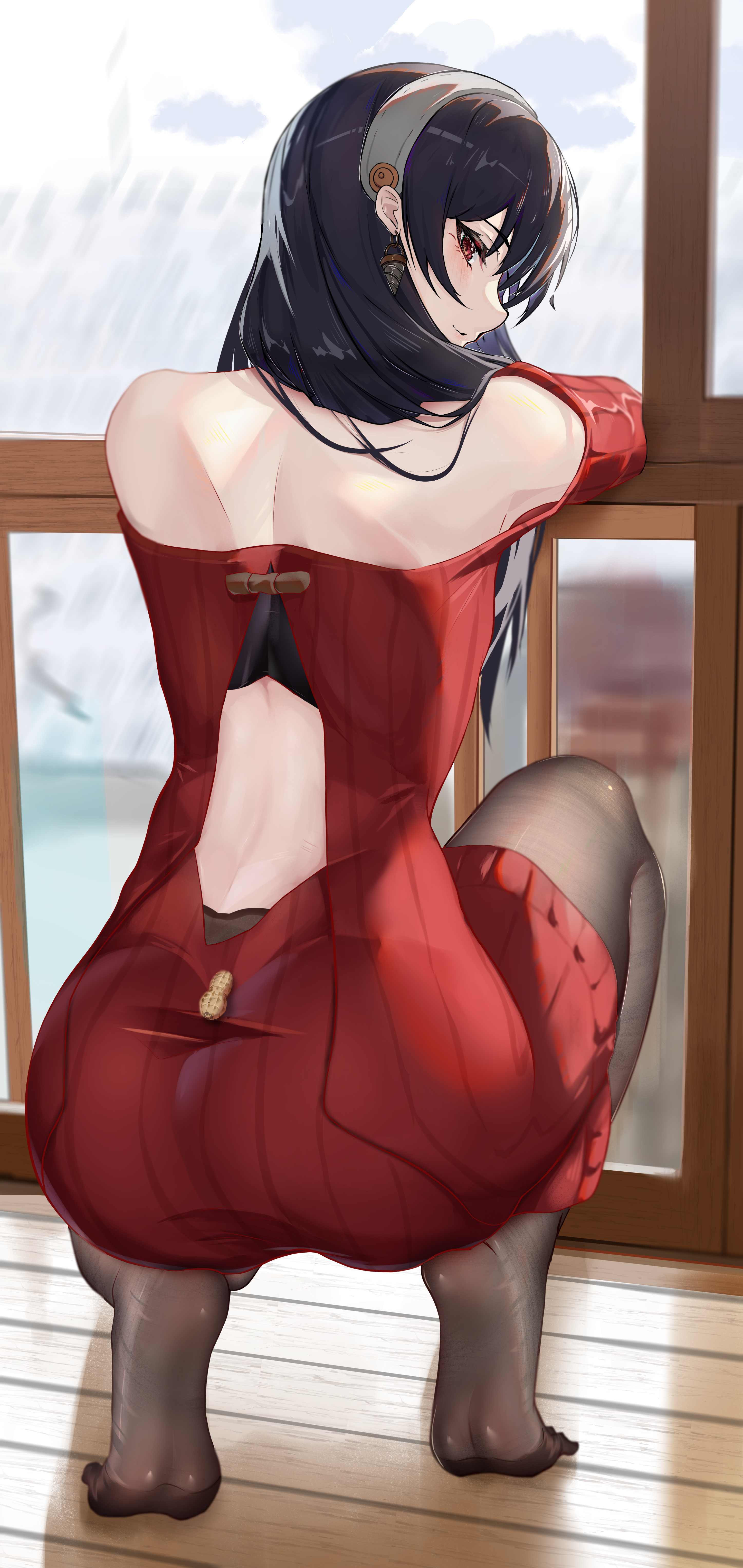 1girls, absurd res, ass, assassin, back, back cutout, bangs, bare back, bare shoulders, bent knees, bent over, black hair, black legwear, black pantyhose, blush, brown legwear, clothing, clothing cutout, curvaceous, curvy female, dress, dynamotor, earrings, eyebrows visible through hair, feet, female, female only, food, from behind, full body, hair between eyes, hi res, huge ass, jewelry, legwear, light skin, light-skinned female, long hair, looking at viewer, looking back, no shoes, off shoulder, off-shoulder dress, pantyhose, red dress, red eyes, shiny skin, shoulder blades, simple background, soles, solo, spy x family, squatting, sweater, sweater dress, thighband pantyhose, thighs, thorn princess, viewed from behind, voluptuous, white background, wide hips, yor briar, yor forger