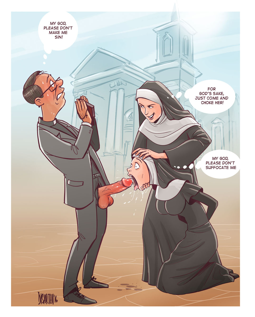 1boy, 2girls, balls, big balls, big penis, colored, dialogue, disarten, english text, female, forced oral, foreskin, fully retracted foreskin, imminent oral, large penis, male, nun, penis, retracted foreskin, speech bubble, text, uncircumcised, uncut