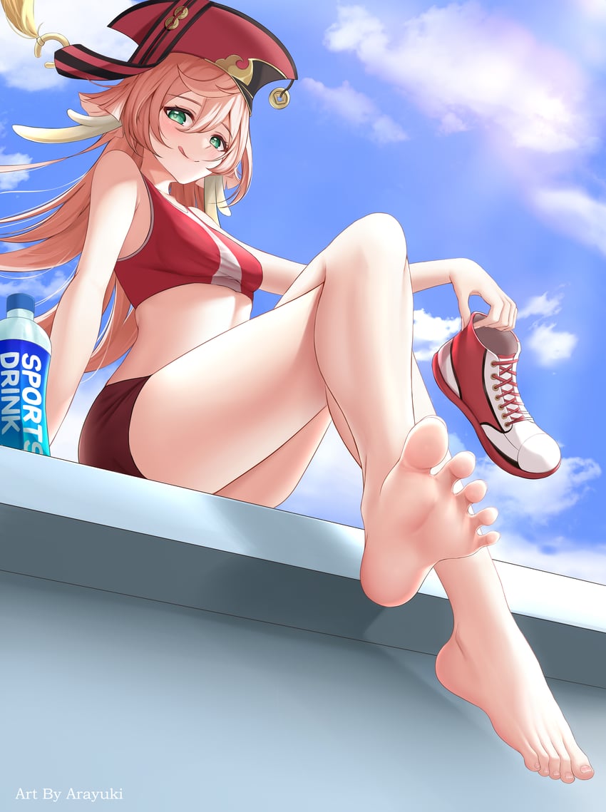 :q, 1girls, absurd res, absurdres, antlers, arayuki (sakurafubuki), bangs, bare arms, barefoot, blue sky, blush, bottle, breasts, closed mouth, cloud, crossed legs, day, feet, female, foot focus, foreshortening, from below, full body, genshin impact, green eyes, hair between eyes, hat, highres, holding, holding shoes, long hair, looking at viewer, pink hair, presenting foot, red headwear, red shorts, red sports bra, revision, shoes, shoes removed, short shorts, shorts, sitting, sky, small breasts, smile, soles, solo, sports bra, spread toes, thighs, toes, tongue, tongue out, yanfei (genshin impact)