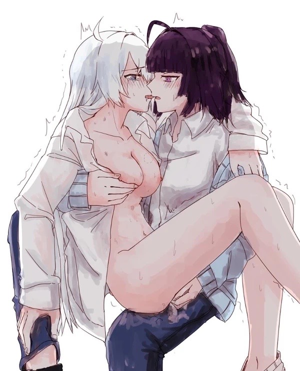 2girls, arm behind head, bangs, bite, bite mark on breast, bite marks, blush, breast grab, breasts, breasts out, crying, crying with eyes open, dress shirt, female, female only, finger fuck, fingering, fingering partner, groping, hickey, hickey marks, honkai (series), honkai impact 3rd, imminent kiss, kiana kaslana, lesbian sex, long hair, multiple females, multiple girls, nipple tweak, nipples, partially clothed, pleasure face, purple hair, pussy, raiden mei, silver hair, sitting on lap, tongue, tongue out, trembling, twitching, vaginal insertion, vaginal penetration, yuri