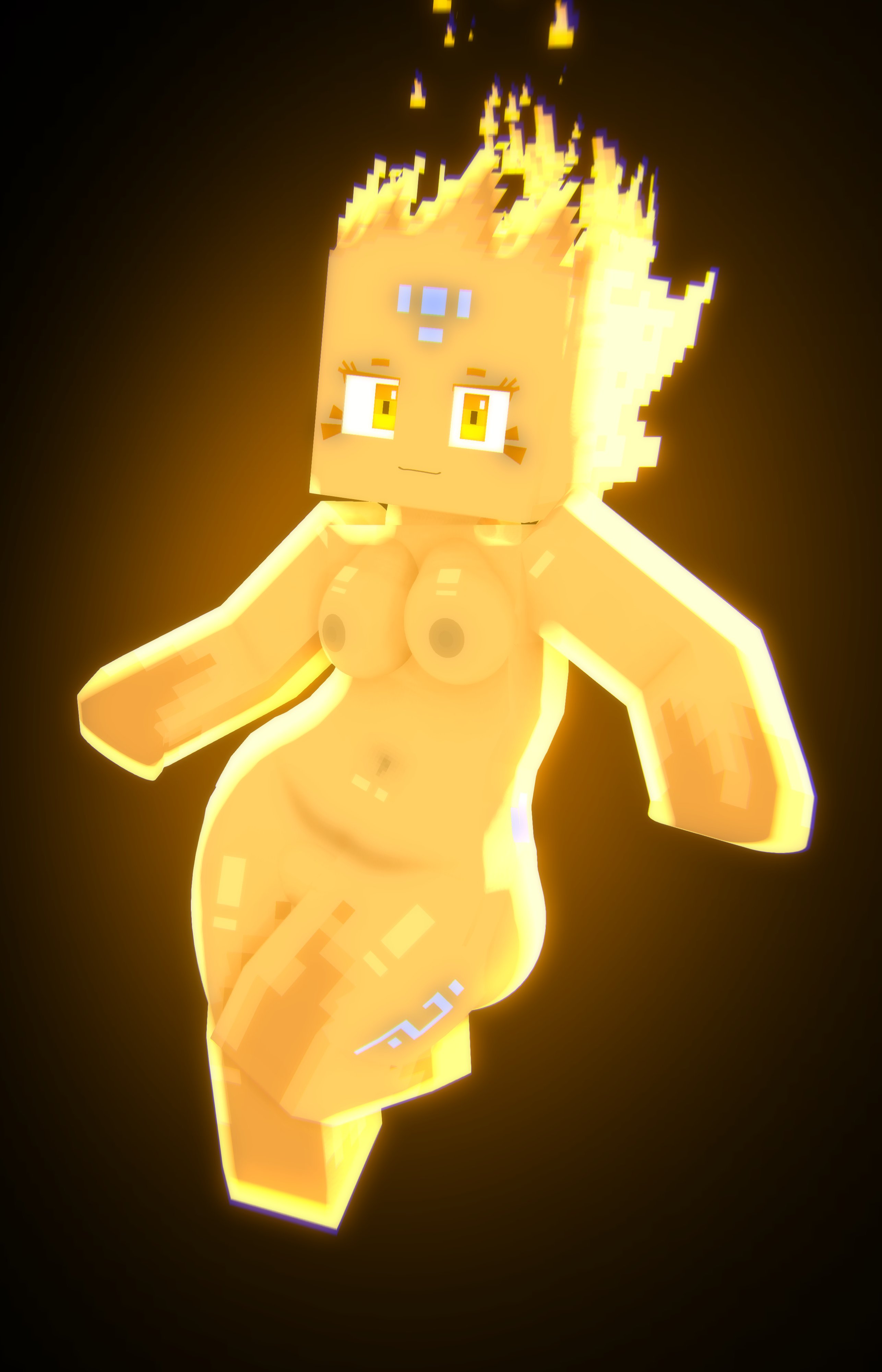 3d, 3d (artwork), black background, breasts, female, female focus, fire, glowing, humanoid, looking at viewer, mine-imator, minecraft, navel, nipples, nuria (slipperyt), one leg raised, simple background, slipperyt, solo, solo female, solo focus