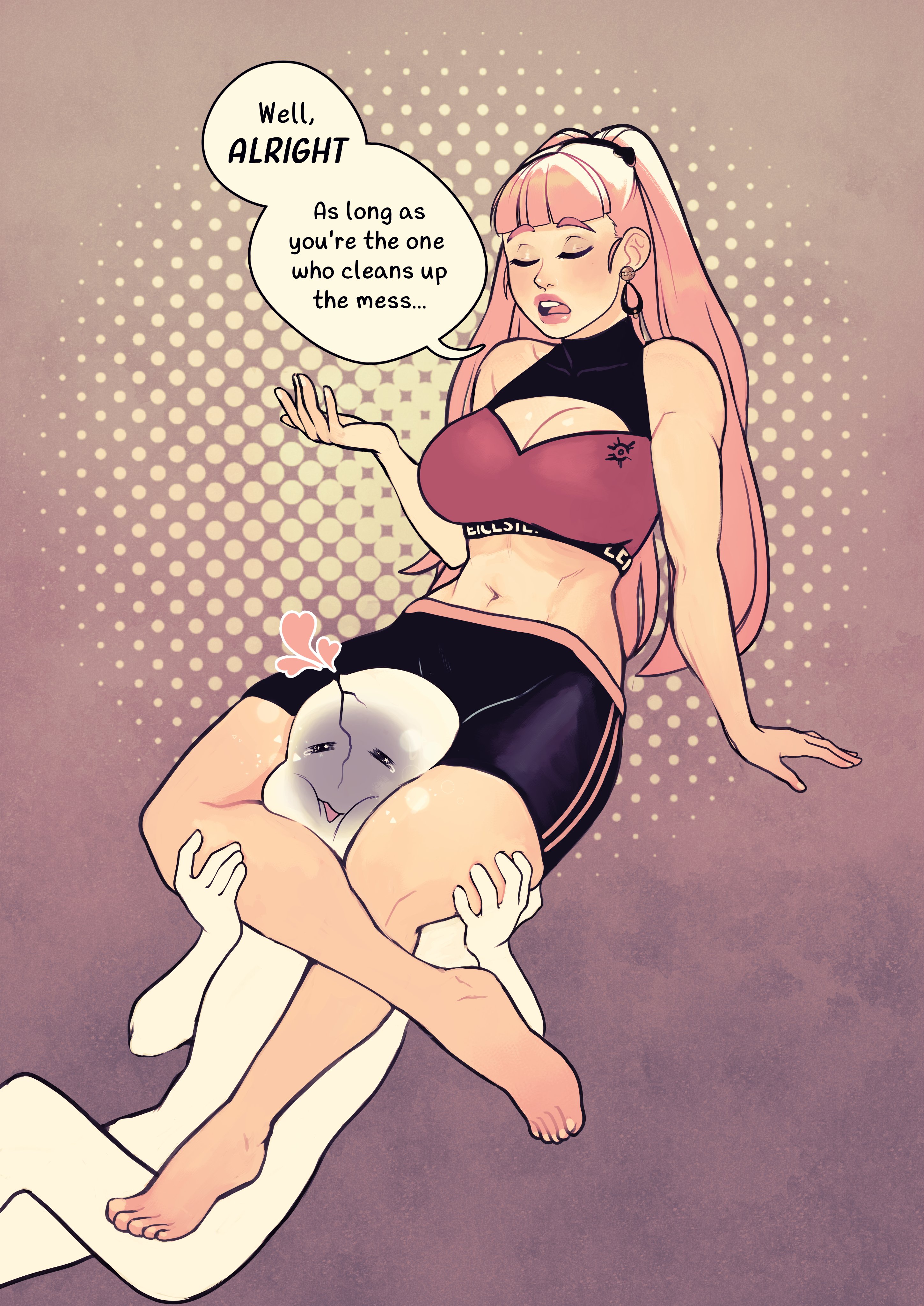 1girls, bangs, bare legs, bare midriff, barefoot, between legs, breasts, cleavage, closed eyes, crest (fe3h), earrings, english text, female, fire emblem, fire emblem: three houses, headscissor, hilda valentine goneril, large breasts, leg lock, legs, nintendo, philiatrix, pink hair, ponytail, shorts, sportswear, text, thick thighs, thighs