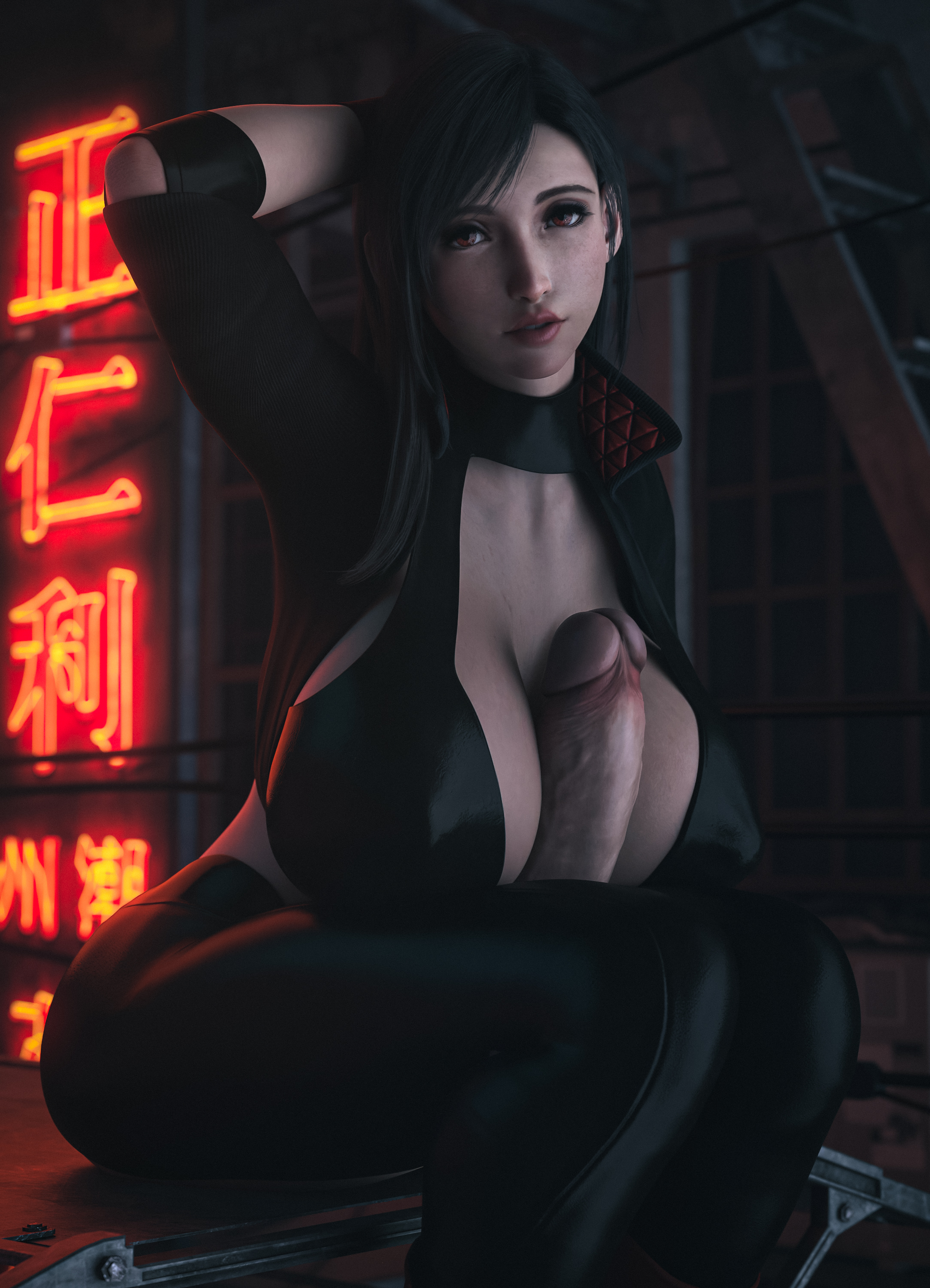 1futa, 3d, autopaizuri, black hair, black jacket, black leggings, black outfit, breasts, casual autopaizuri, cleavage, erect nipples, erection, final fantasy, final fantasy vii, futa only, futanari, huge breasts, huge cock, intersex, jacket, jacket open, leggings, light skin, light-skinned futa, looking at viewer, nipples, nipples visible through clothing, paizuri, penis, red eyes, solo, stevencarson, tifa lockhart, topwear