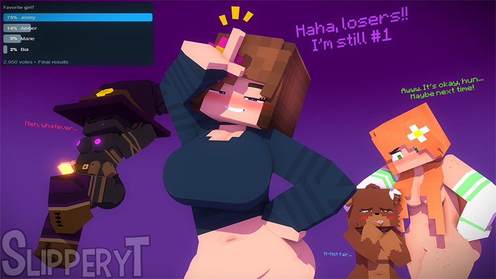 3d 3d_(artwork) 4girls amber_green_(slipperyt) anthro anthrofied armwear bear belt belt_buckle bia_prowell_(slipperyt) big_breasts black_skin blush bottomless bottomless_female breasts brown_eyes choker dark-skinned_female enderwoman featureless_breasts female female_only flower_in_hair glowing glowing_nipples green_eyes horny_female hourglass_figure human human_female humanoid jenny_belle_(slipperyt) living_plushie long_sleeves looking_at_viewer loser_gesture marie_prowell_(slipperyt) mine-imator minecraft multiple_girls navel nipples no_nipples nude nude_female orange_hair outside partially_clothed plushie potion purple_eyes simple_background slipperyt smiling subtitled tagme teddy_bear violet_background watermark witch_hat zipper