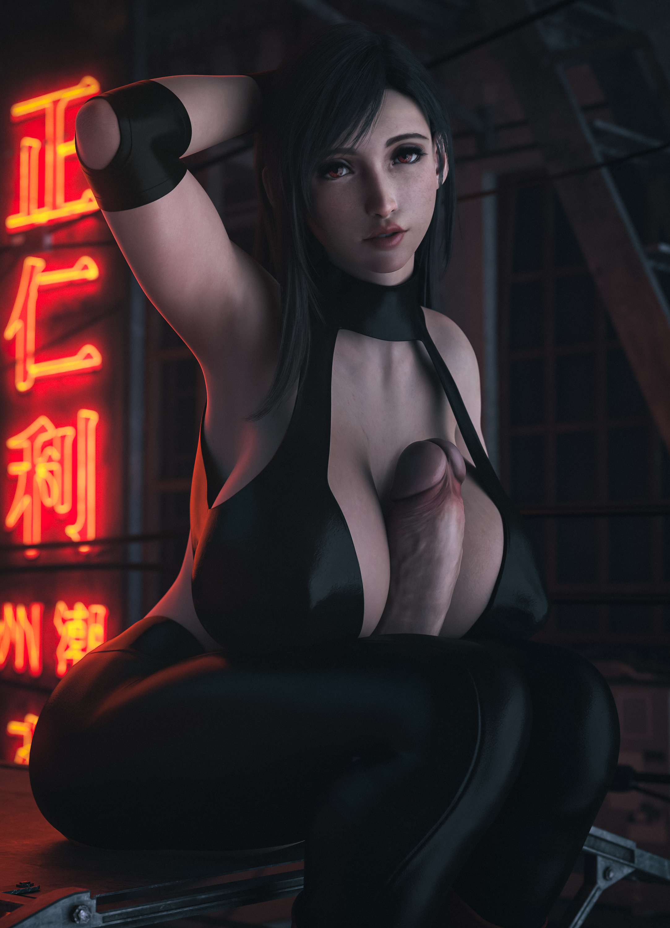 1futa, 3d, armpit, autopaizuri, big breasts, big penis, black hair, black leggings, breasts, casual autopaizuri, erection, final fantasy, final fantasy vii, futa only, futanari, huge breasts, huge cock, intersex, leggings, light skin, light-skinned futa, lips, looking at viewer, mostly nude, nipple bulge, paizuri, penis, red eyes, sitting, solo, stevencarson, tifa lockhart
