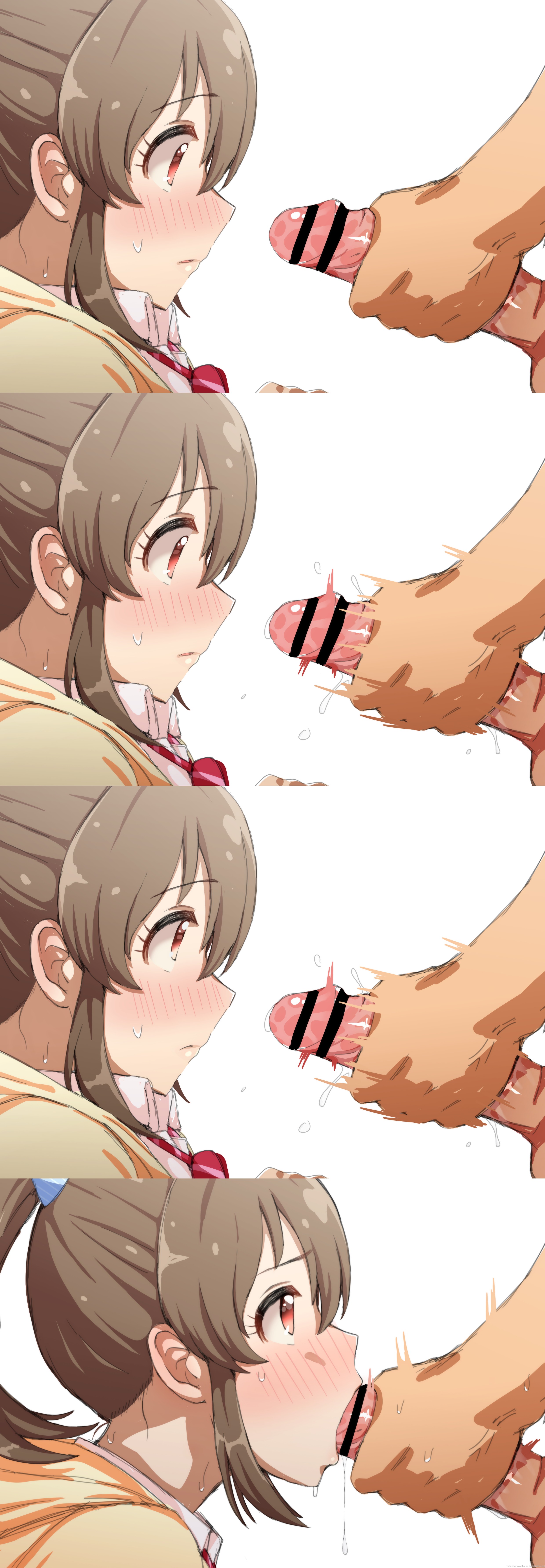 artist request, bangs, blowjob, blush, bowtie, brown hair, censor bar, censored, censored penis, character request, copyright request, dress shirt, hair ribbon, hair tie, jerking, jerkingoff, large penis, leaning forward, looking at penis, looking up, male, oral, orange eyes, panels, penis, ponytail, precum, progression, red eyes, side view, sucking penis, sucking tip, sweat, sweatdrop, tie, unknown artist