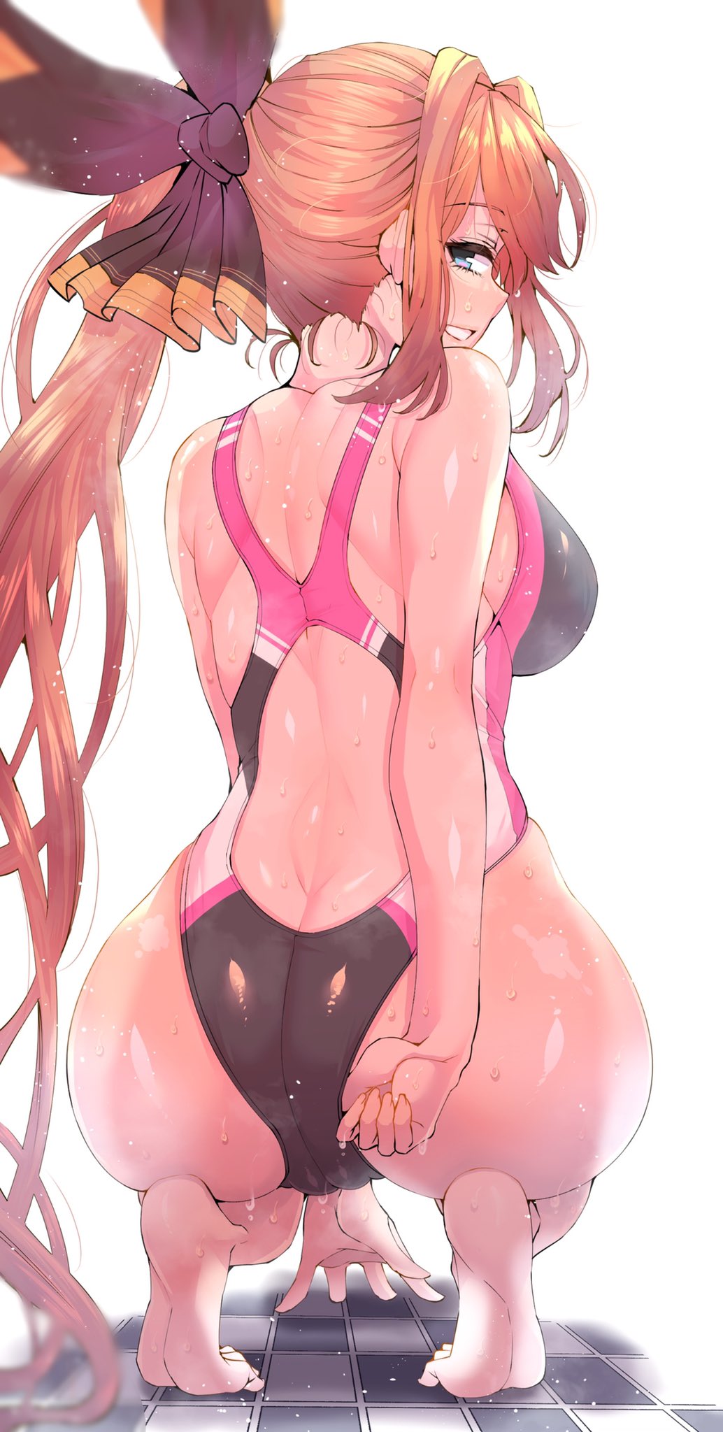 1girls ass ass_cleavage breasts butt_crack female female_only hi_res large_breasts looking_at_viewer looking_back one-piece_swimsuit original sideboob smile solo swimsuit thighs wakura_(gcdan) white_background