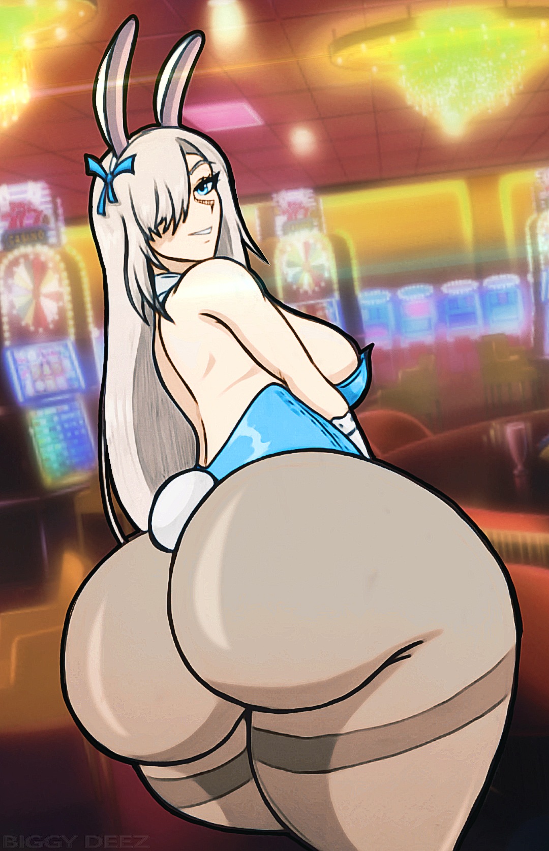 1girls, ass, ass focus, asuna (blue archive), asuna (bunny) (blue archive), big ass, big breasts, biggy deez, blonde hair, blue archive, blue eyes, bottom heavy, breasts, bubble ass, bubble butt, bunny ears, bunny tail, bunnysuit, clothing, fat ass, female, female only, hair ribbon, huge ass, indoors, long hair, looking at viewer, looking back, sideboob, smile, solo, thick thighs, wide hips