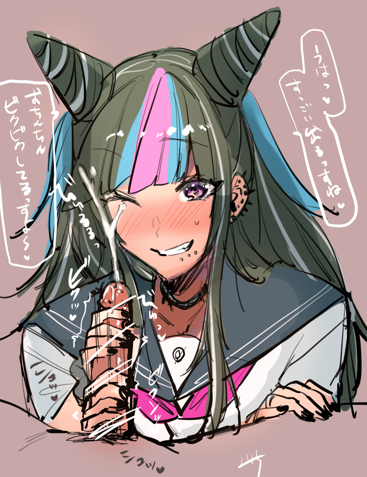 1boy, 1girls, blush, cum, danganronpa, danganronpa 2: goodbye despair, female, handjob, male, mioda ibuki, miyoichi (tjuc8378), penis, smooth skin