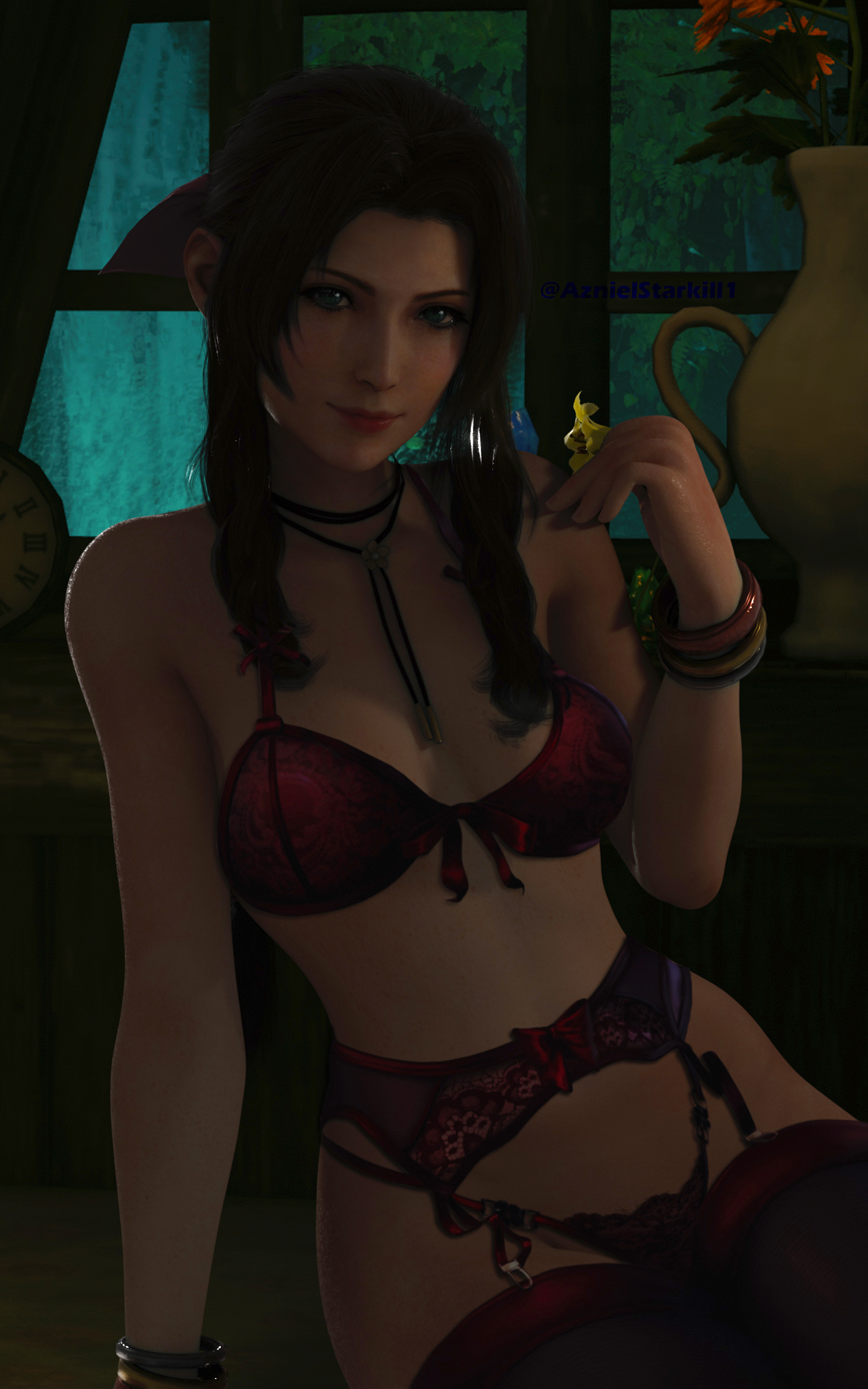 3d, aerith gainsborough, azniel starkill1, blender, bra, bracelet, female, final fantasy, final fantasy vii, final fantasy vii remake, garter, garter belt, garter straps, green eyes, lingerie, looking at viewer, necklace, slim waist, solo, solo female, stockings, thighhighs, wallpaper