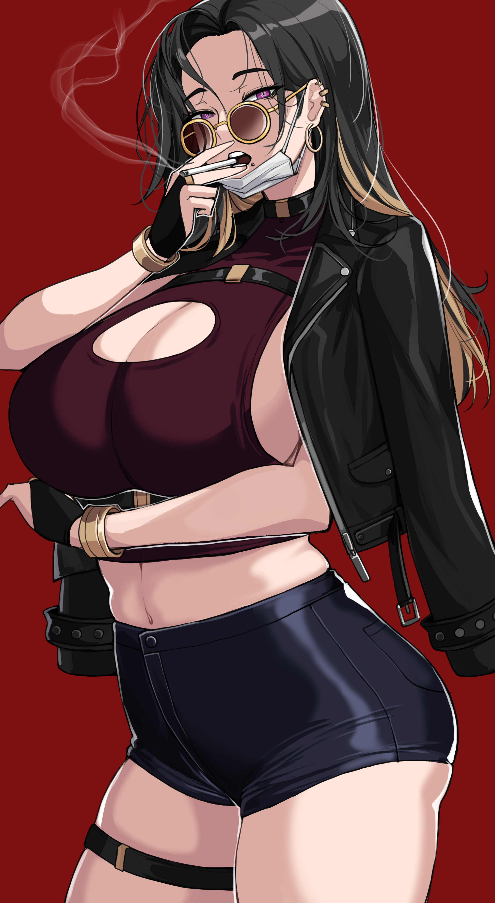 1girls, 2022, belly button, black hair, booty shorts, breasts, brown highlights, brown-tinted eyewear, cigarette, cleavage, clothed, clothed female, drogod (artist), female, female only, highlights, hips, huge breasts, jacket, jacket on shoulders, leather jacket, long hair, looking at viewer, looking over eyewear, looking over glasses, looking over sunglasses, mask, midriff, original, original character, purple eyes, revealing clothes, short shorts, shorts, sideboob, simple background, skindentation, slim waist, smoking, sunglasses, thick thighs, thigh strap, thighs, tinted eyewear, wide hips