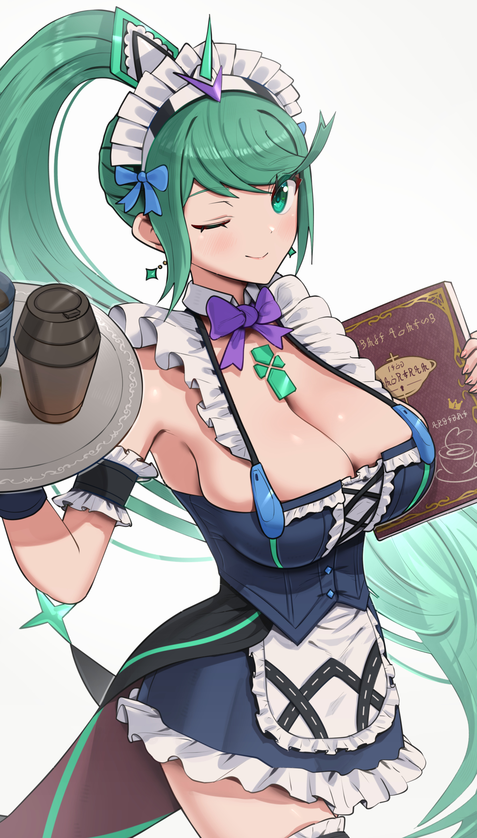 1girls, 2022, alternate breast size, armpits, bangs, blush, breasts, cleavage, female, female only, gonzarez, green eyes, green hair, hair ornament, hi res, hips, huge breasts, long hair, looking at viewer, maid headdress, maid outfit, nintendo, pneuma (xenoblade), serving tray, slim waist, smile, swept bangs, thick thighs, thighhighs, thighs, wide hips, wink, xenoblade (series), xenoblade chronicles 2