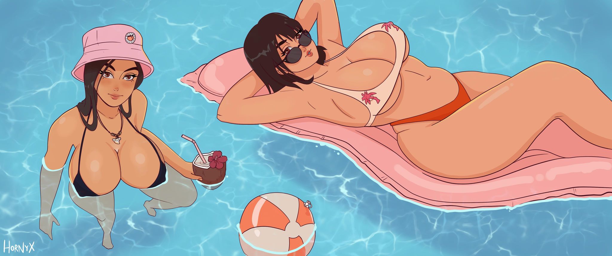 2girls, artist name, bangs, beach ball, bikini, blush, breasts, brown eyes, brown hair, cleavage, female, female focus, female only, hat, highres, hornyx, jewelry, large breasts, long hair, looking at viewer, looking over eyewear, looking over glasses, looking over sunglasses, lying, navel, necklace, pool, short hair, sunglasses, swimsuit, tagme, thighs, tinted eyewear