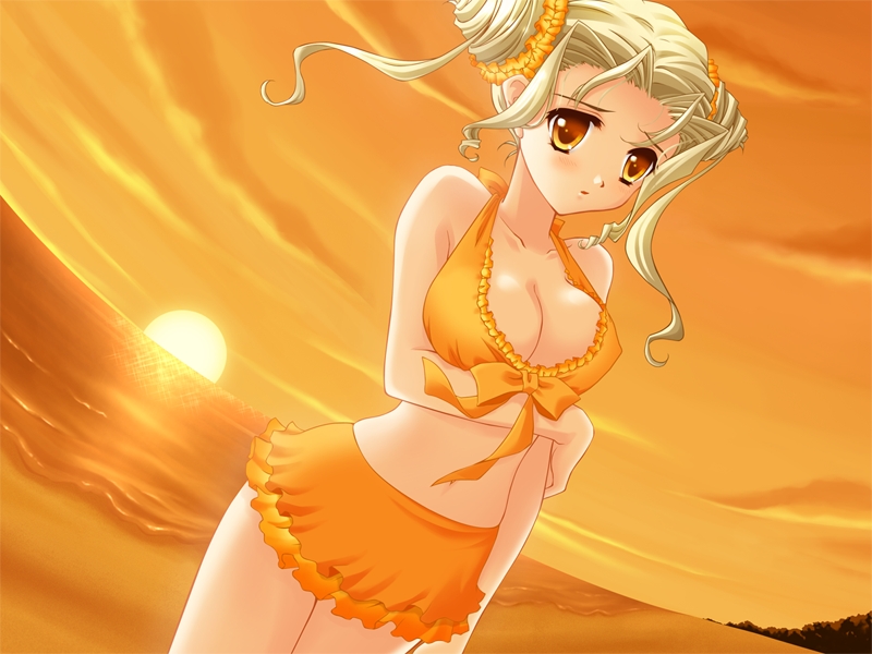 1girls beach bikini blonde_hair blush breasts brown_eyes cleavage dutch_angle female frilled_bikini frills front-tie_top game_cg hair_up kanami kanami_(quilt) midriff nishiwaki_yuuri quilt quilt_(game) skirt solo sunset swimsuit tied_hair twintails water yellow_eyes