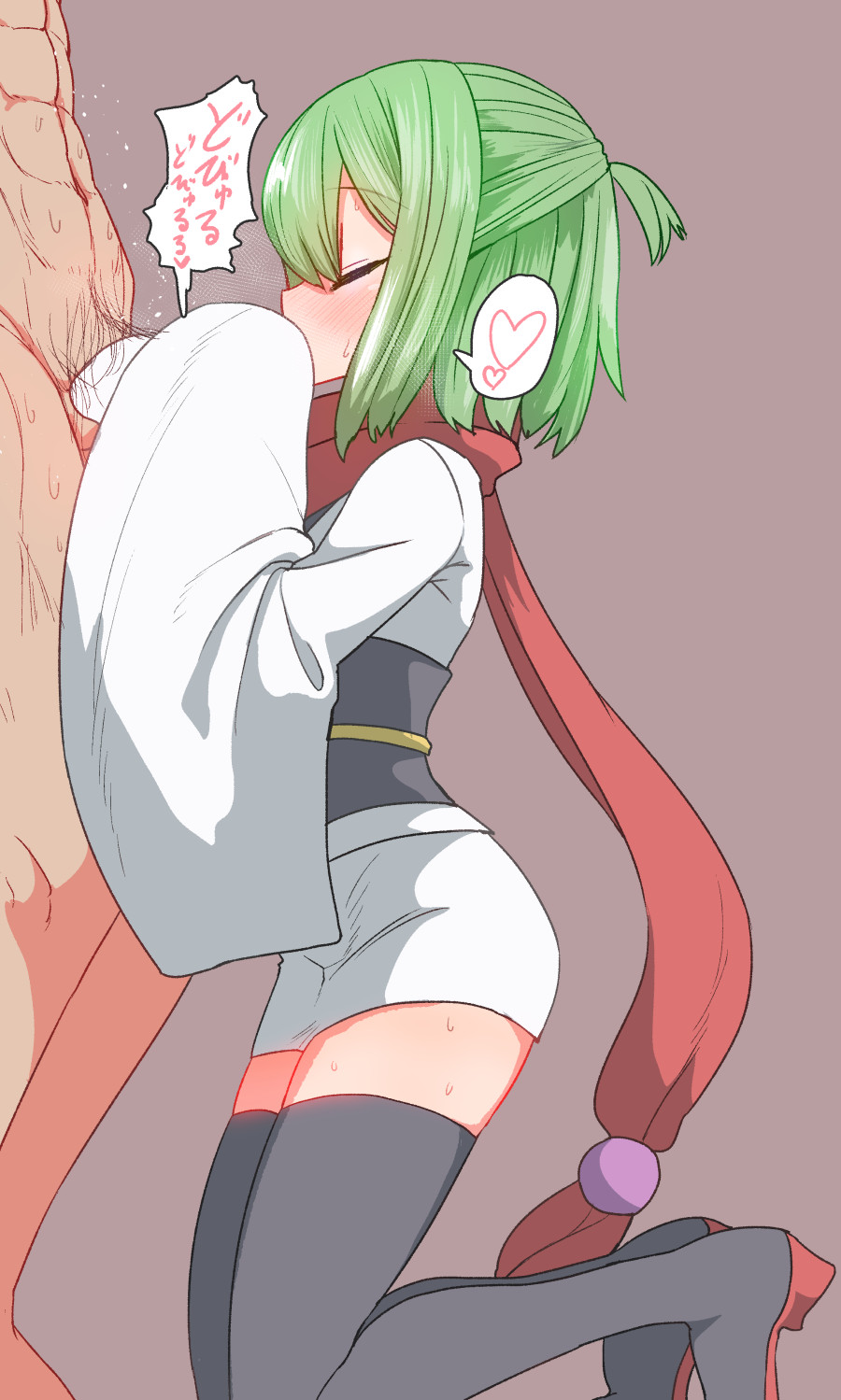 1boy blush closed_eyes cum cum_in_mouth fellatio female green_hair heart highres kneeling obi oral original red_scarf sash scarf spoken_heart straight sumiyao_(amam) thighhighs translation_request white_skirt wide_sleeves yunomiya_agari