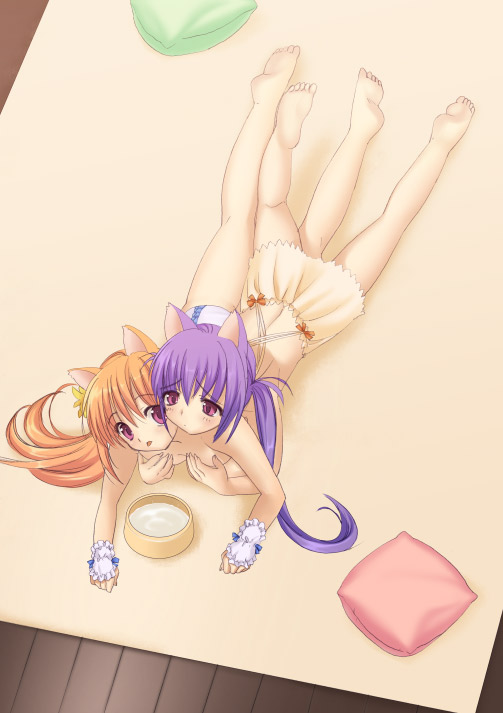 2girls animal_ears armpits barefoot cat_ears feet female kayuko lying mucha multiple_girls on_stomach original piyodera_mucha soles toes yuri