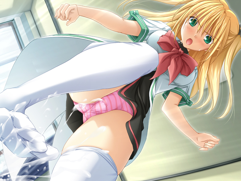 blonde_hair cum cum_on_body cum_on_feet cum_on_lower_body ejaculation feet footjob game_cg green_eyes invisible_penis minazuki_yuuna_modred panties penis soles solo striped striped_panties thighhighs tied_hair toes twintails underwear upskirt yama_bikko yokujou_pet_life