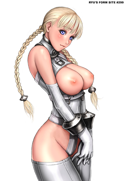 areola areolae blonde_hair blue_eyes blush braid breastless_clothes breastless_clothing breasts nipples original ryu_(artist) science_fiction thighhighs twin_braids