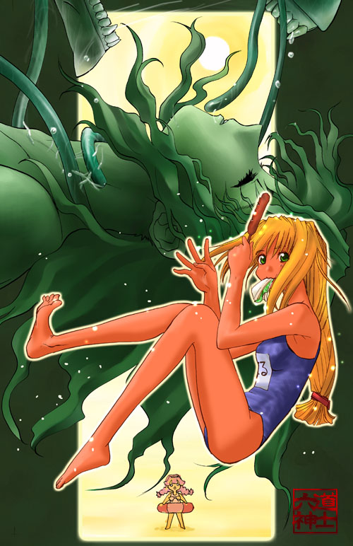 barefoot blonde_hair cosette_sara dark_skin excel excel_saga feet food green_eyes hyatt innertube long_hair low-tied_long_hair name_tag one-piece_swimsuit rikudou_koushi saga school_swimsuit swimsuit tentacle toes