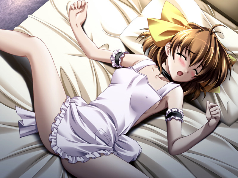 1girls antenna_hair apron arm_garter armpits bangs bed bed_sheet blush bow breasts brown_hair choker clenched_hand closed_eyes dutch_angle erect_nipples female frills from_above game_cg hadaka_apron_gakuen hair_ribbon hairbow indoors kazuma_muramasa legs lying naked_apron niwa_takami on_back open_mouth outstretched_arms pillow ribbon sheets short_hair sideboob sleeping solo spread_arms spread_legs tear