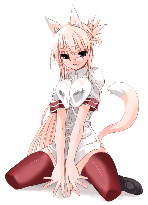 animal_ears ao_ume breast_squeeze breasts fox_ears glasses original tail thighhighs