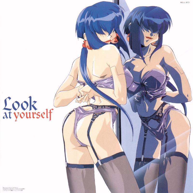 1girls 90s android ass big_breasts black_legwear blue_hair bra breasts cleavage corset curvaceous earrings english_text female garter_belt garter_straps hair_over_eyes jewelry kotobuki_tsukasa large_breasts light-skinned_female light_skin lingerie lipstick long_hair luchs makeup midriff mirror official_art panties panties_over_garter_belt ponytail purple_bra purple_panties reflection saber_marionette_j solo text thick_thighs thighhighs thighs thong tied_hair underwear underwear_only wide_hips