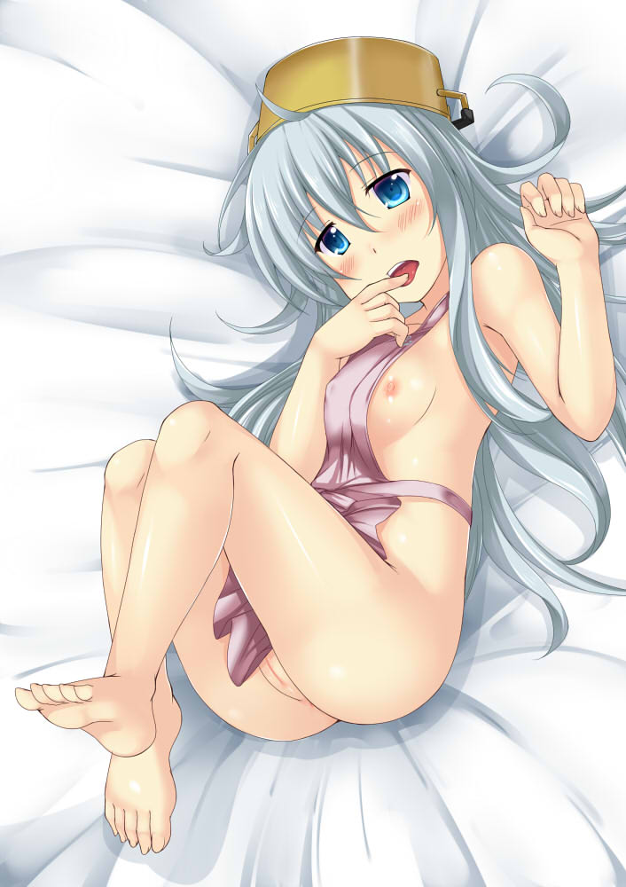 apron bare_legs blue_eyes blush breasts cleft_of_venus erect_nipples female hibiki_(kantai_collection) hoshizuki_(seigetsu) kantai_collection looking_at_viewer naked_apron nipples open_mouth pot_on_head silver_hair small_breasts solo tongue tongue_out