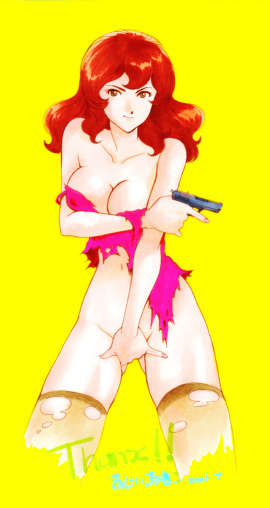 1girls black_socks breasts brown_eyes brown_hair clothing curvaceous female female_only firearm gun handgun human kobayashi_yuji large_breasts light-skinned_female light_skin long_hair lupin_iii masturbation mine_fujiko red_hair socks solo text thigh_socks thighhighs torn_clothes weapon