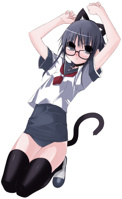 animal_ears ao_ume cat_ears glasses kneeling no_pants one-piece_swimsuit school_swimsuit school_uniform seifuku serafuku swimsuit swimsuit_under_clothes tail thighhighs