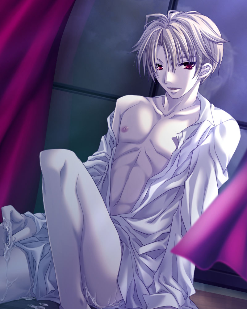 abs bishounen blonde_hair cum kamei male masturbation open_clothes open_shirt red_eyes reflection shirt short_hair sitting window yaoi