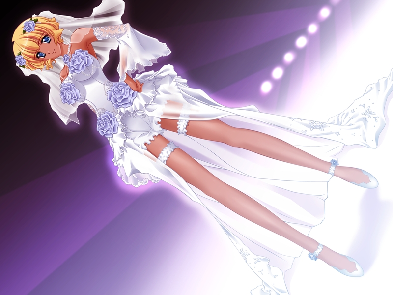 800x600 armpits blonde_hair blue_eyes bridal_veil bride bride_gown carnelian dark-skinned_female dark_skin dress dutch_angle flower game_cg ganguro garters gyaru hair_flower hair_ornament hand_on_hip hips legs long_legs mizuki_(quilt) quilt quilt_(game) rose rose_in_hair short_hair smile solo thighhighs thighs veil wallpaper wedding_dress