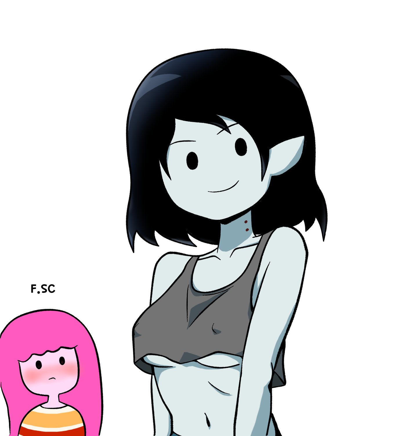 2girls, adventure time, bite mark, black hair, blush, breasts, canon couple, crop top, cute, erect nipples, female, fizzyspidercider, grey body, grey skin, hi res, lesbian, marceline, nipple bulge, nipples, pink hair, princess bubblegum, underboob, vampire, white background, yuri