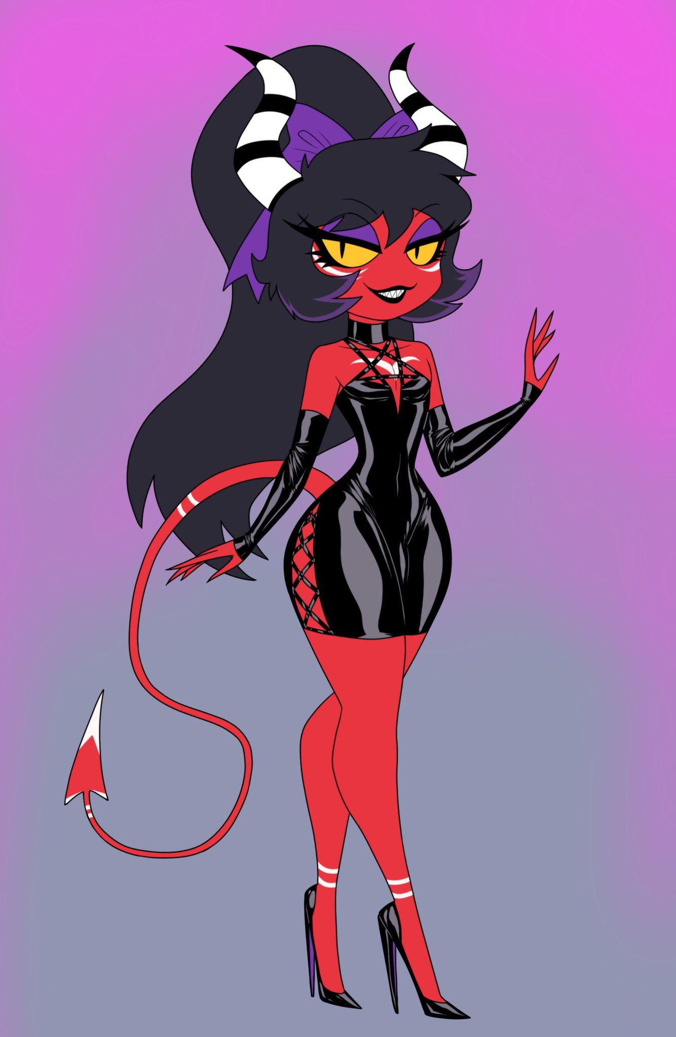 absurd res, accessory, black hair, black lips, bulge, clothing, crossdressing, crovirus, curved horn, curvy figure, dress, eyelashes, eyeshadow, fan character, femboy, genitals, girly, gradient background, hair, hair accessory, hair ribbon, hairbow, half-closed eyes, helluva boss, hi res, high heels, horn, humanoid, imp, lips, makeup, male, male only, narrowed eyes, pupils, purple eyeshadow, red body, red skin, ribbons, sharp teeth, simple background, slit pupils, small waist, smile, solo, spade tail, tail, teeth, tiptoes, wide hips, yellow eyes