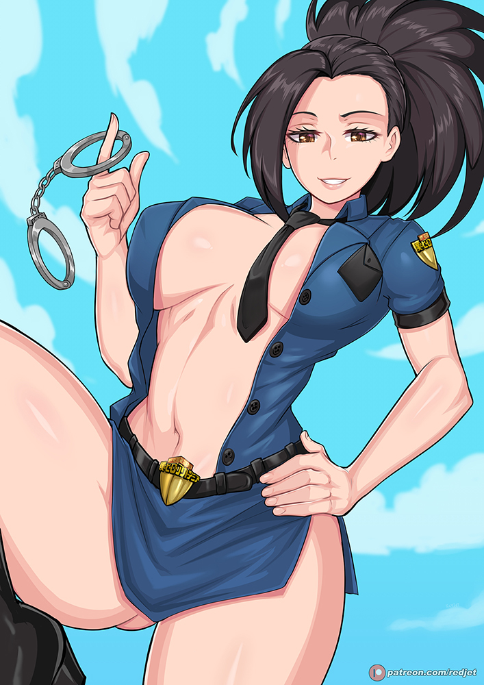 1girls, black hair, black-haired female, breasts, brown eyes, cleavage, female, female focus, female only, hand on hip, handcuffs, long hair, looking at viewer, momo yaoyorozu, my hero academia, open shirt, outdoors, police, police uniform, redjet, skirt, smile, solo, thick thighs, thighs