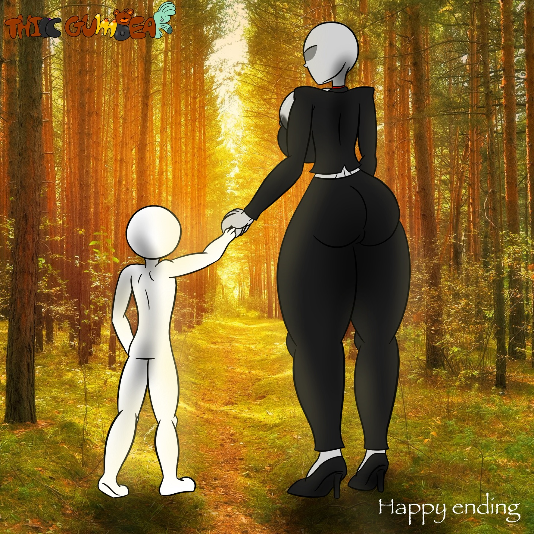 1boy, 1girls, anthro, areolae, ass, balls, big areola, big areolae, big ass, big balls, big breasts, big butt, big nipples, breasts, creepypasta, digital media (artwork), eldritch horror, featureless face, female, giantess, hand holding, high heels, holding, holding hands, huge breasts, large breasts, large female, light skin, light-skinned female, long legs, male, mini giantess, monster girl, morning, nightmare waifu, nipples, no bra, no eyes, no face, no mouth, pale skin, pale-skinned female, red tie, rule 63, shaded, size difference, slender, slender waist, slenderman, slenderwoman, slim, slim waist, smaller male, suit, suit and tie, taller female, text, thiccgumbear, tie, tight clothing, tree, trees, white body, white skin, wholesome, woods