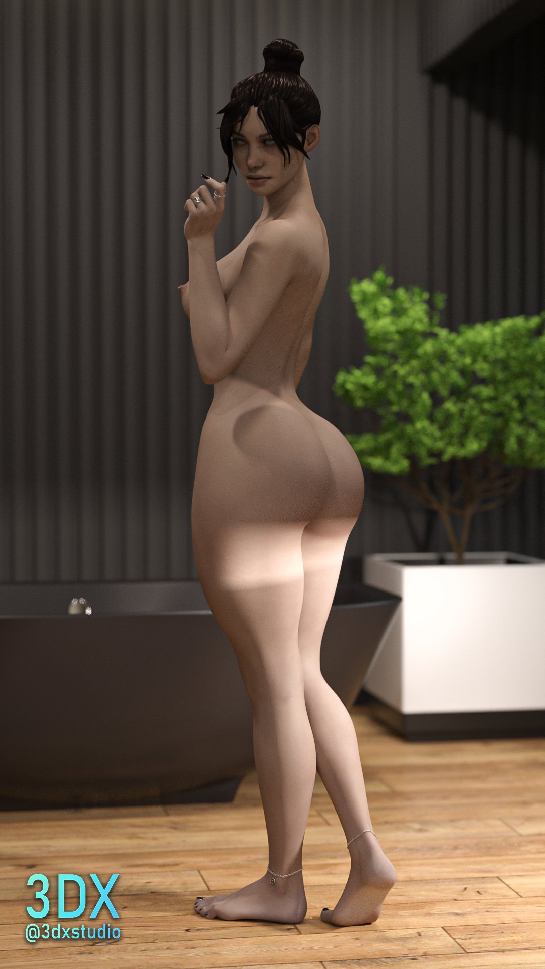 3d, 3dxstudio, apex legends, ass, back view, barefoot, big ass, black hair, breasts, feet, female, light skin, light-skinned female, looking over shoulder, lucasartstudio, nude, nude female, pale skin, pale-skinned female, respawn entertainment, tagme, wraith (apex legends)