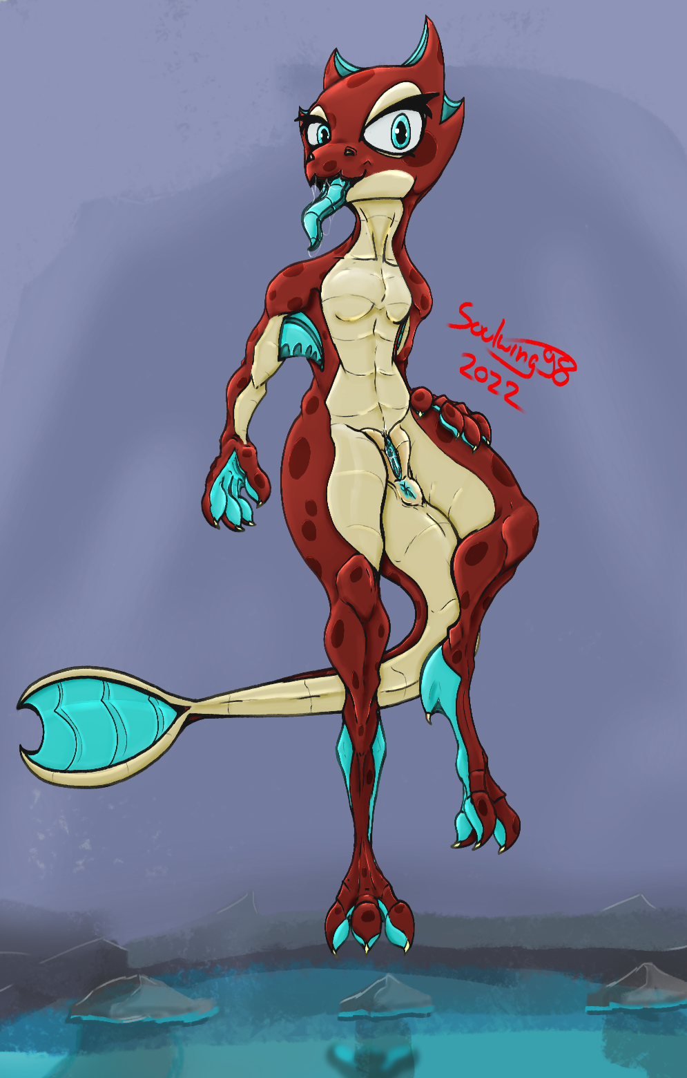 2022 amphibian anthro anus biped blue_body blue_eyes blue_tongue breasts claws digital_media_(artwork) female finger_claws floating genitals gravity hi_res hybrid kobold nari_(soulwing98) nude pussy red_body salamander_(amphibian) scales solo soulwing98 toe_claws tongue white_body white_scales