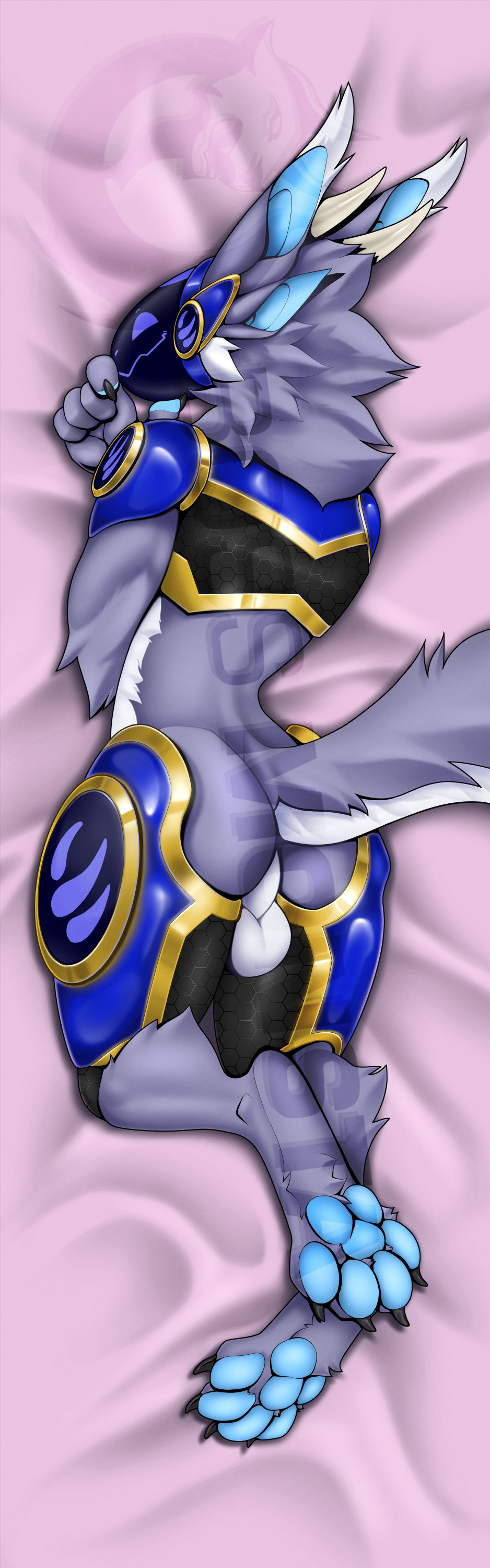 absurd_res anthro ass balls bed_sheet bedding blue_body genitals hi_res lying machine male pawpads protogen protogen_visor raeal_(character) raeal_the_protogen simple_background solo solo_focus unknown_artist watermark watermarked_at_source white_bed_sheet white_bedding white_blanket