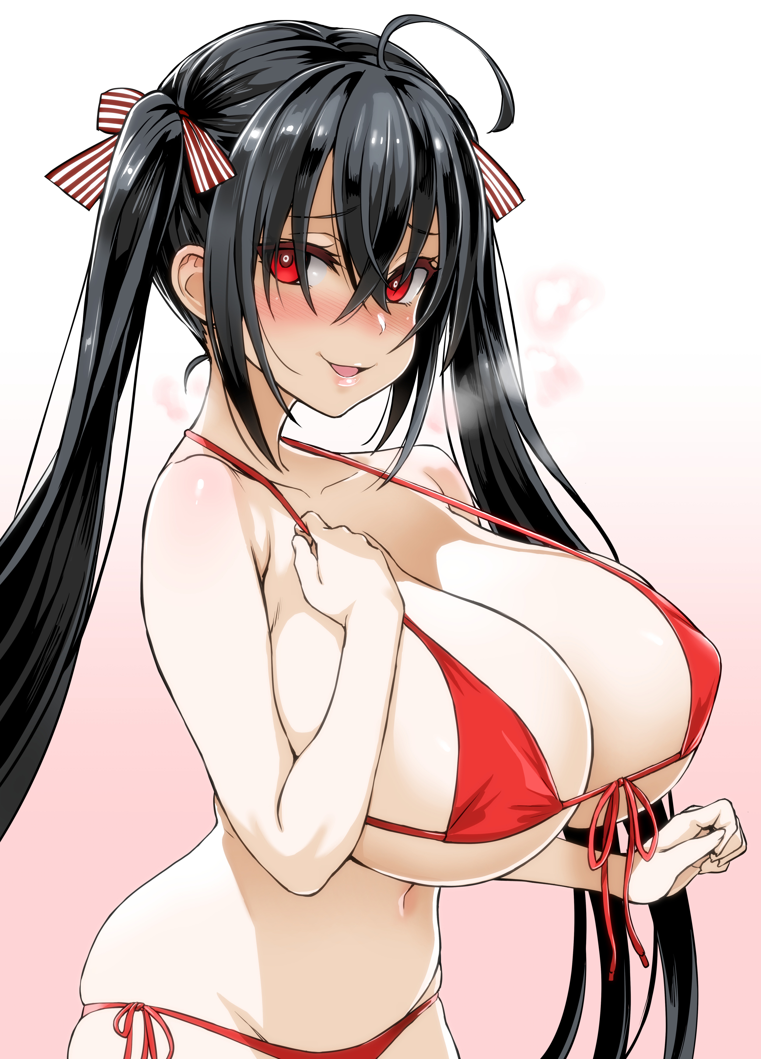 1girls, absurdres, ahoge, asanagi, azur lane, big breasts, bikini, black hair, blush, breasts, cleavage, collarbone, eyebrows visible through hair, female, female only, front-tie bikini, front-tie top, gradient, gradient background, hair between eyes, hair ribbon, hand on own chest, heavy breathing, highres, huge breasts, lips, long hair, looking at viewer, micro bikini, navel, nose blush, pale skin, parted lips, photoshop (medium), red bikini, red eyes, ribbon, shiny, shiny hair, side-tie bikini, simple background, smile, solo, strap gap, swimsuit, taihou (azur lane), twintails, underboob, very long hair