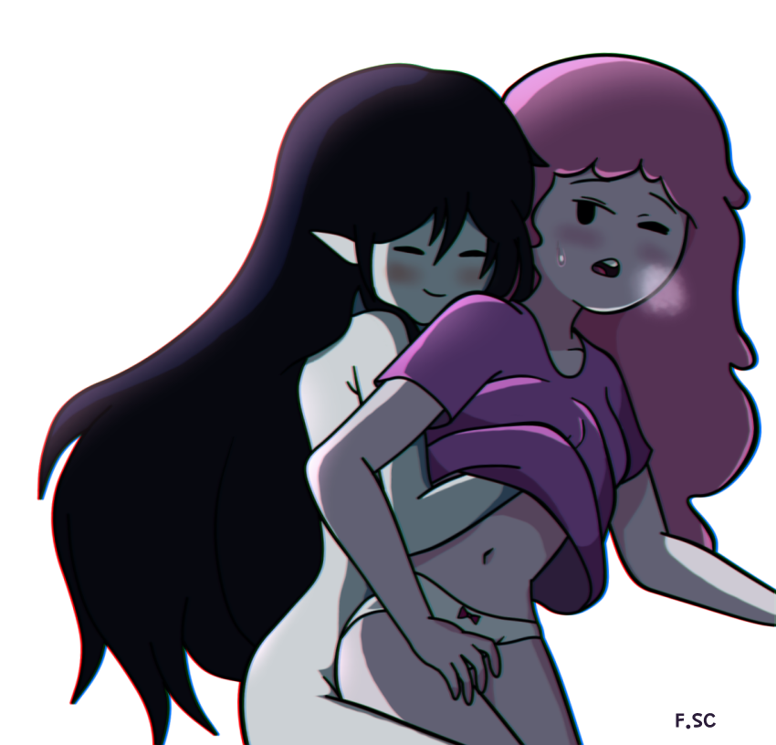 2girls adventure_time artist_name black_hair blush canon_couple cute female female_only fizzyspidercider from_behind grabbing_from_behind grey_skin groping_from_behind hand_under_shirt hi_res horny marceline nude_female pink_hair pink_skin princess_bubblegum underwear very_long_hair white_background yuri