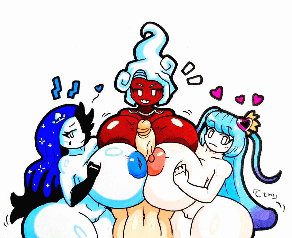 1boy 3girls anthro between_breasts blue_hair dark-skinned_female dark_skin hair_ornament heart king_of_greed knight_of_despair light-skinned_male light_blue_hair lobotomy_corporation looking_at_viewer mob_face mr.ctm naked nude nude_female nude_male paizuri project_moon queen_of_hatred triple_paizuri white_eyes white_hair white_skin