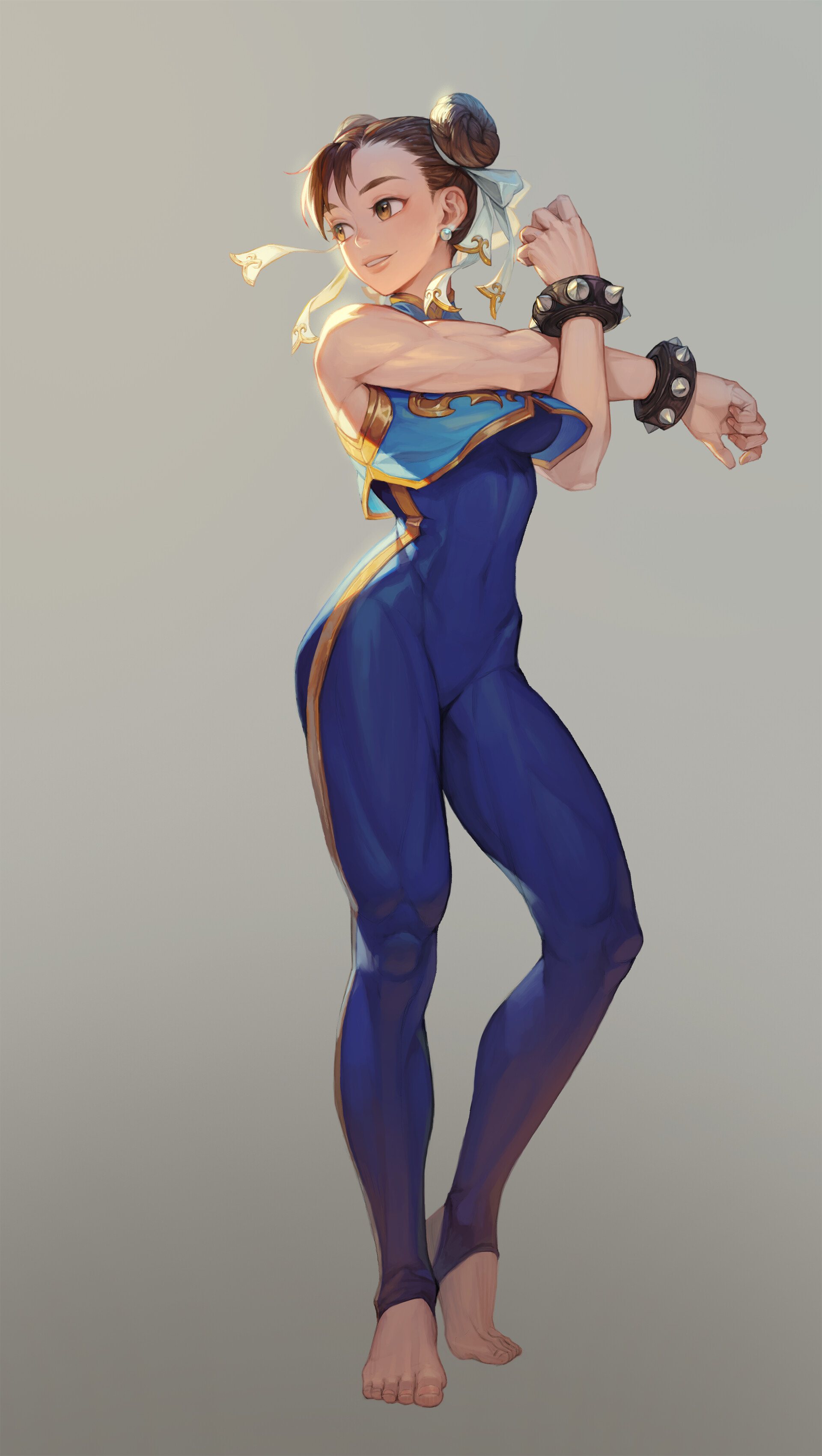 1girls, blue bodysuit, blue clothing, bodysuit, brown eyes, brown hair, buns, chun-li, clothed, earrings, feet, female, fit, fit female, hip focus, hips, light skin, light-skinned female, simple background, skin tight, skin tight outfit, skin tight suit, solo, solo female, solo focus, standing, street fighter, street fighter alpha, stretching, toes